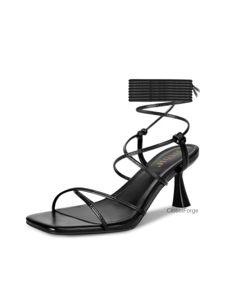 Strappy Lace-Up Kitten Heels Square Toe Stiletto Sandals Women's Dressy Party